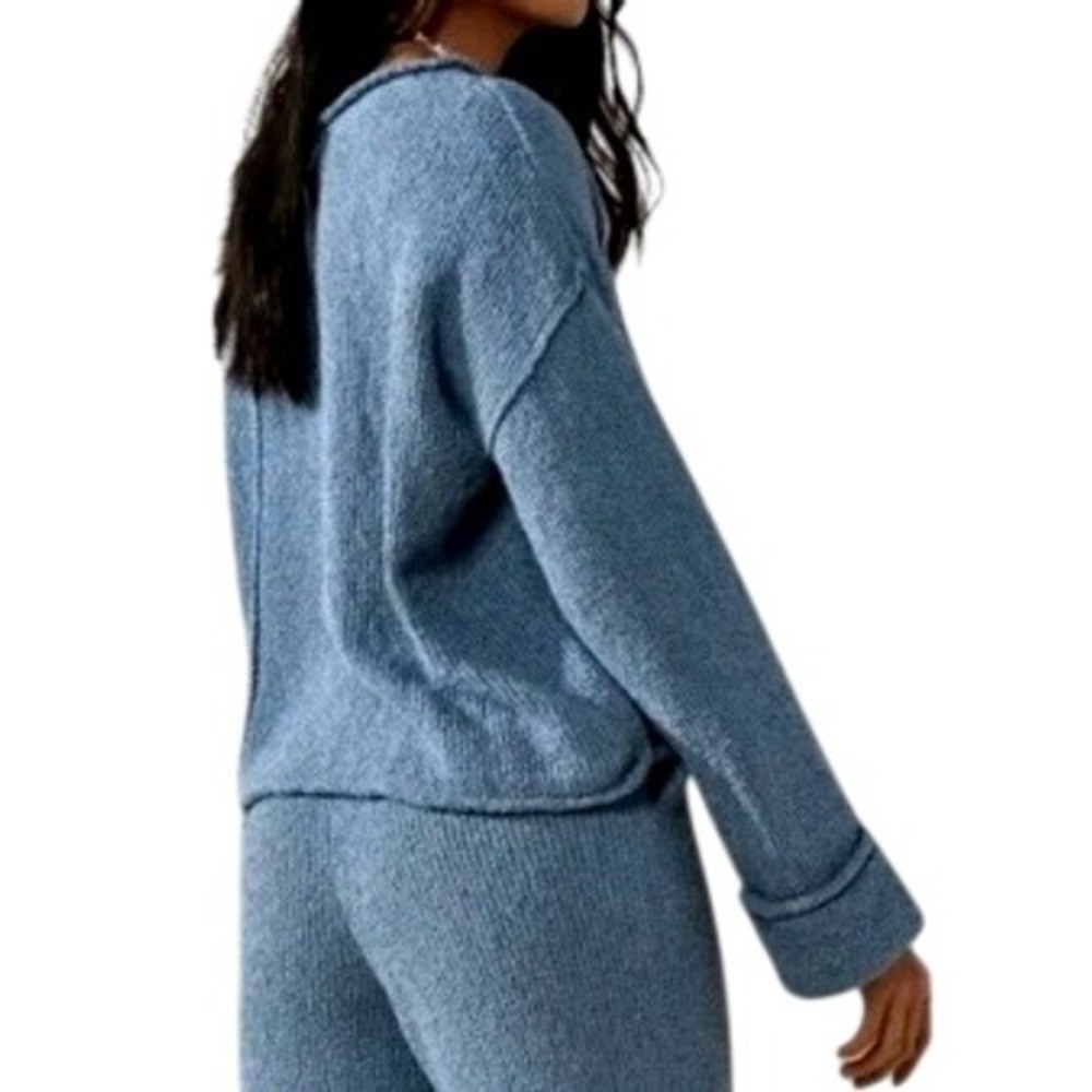 Free People Beach Teal Oversized Sweater XL Blue Textured Seam Pullover Boho EUC